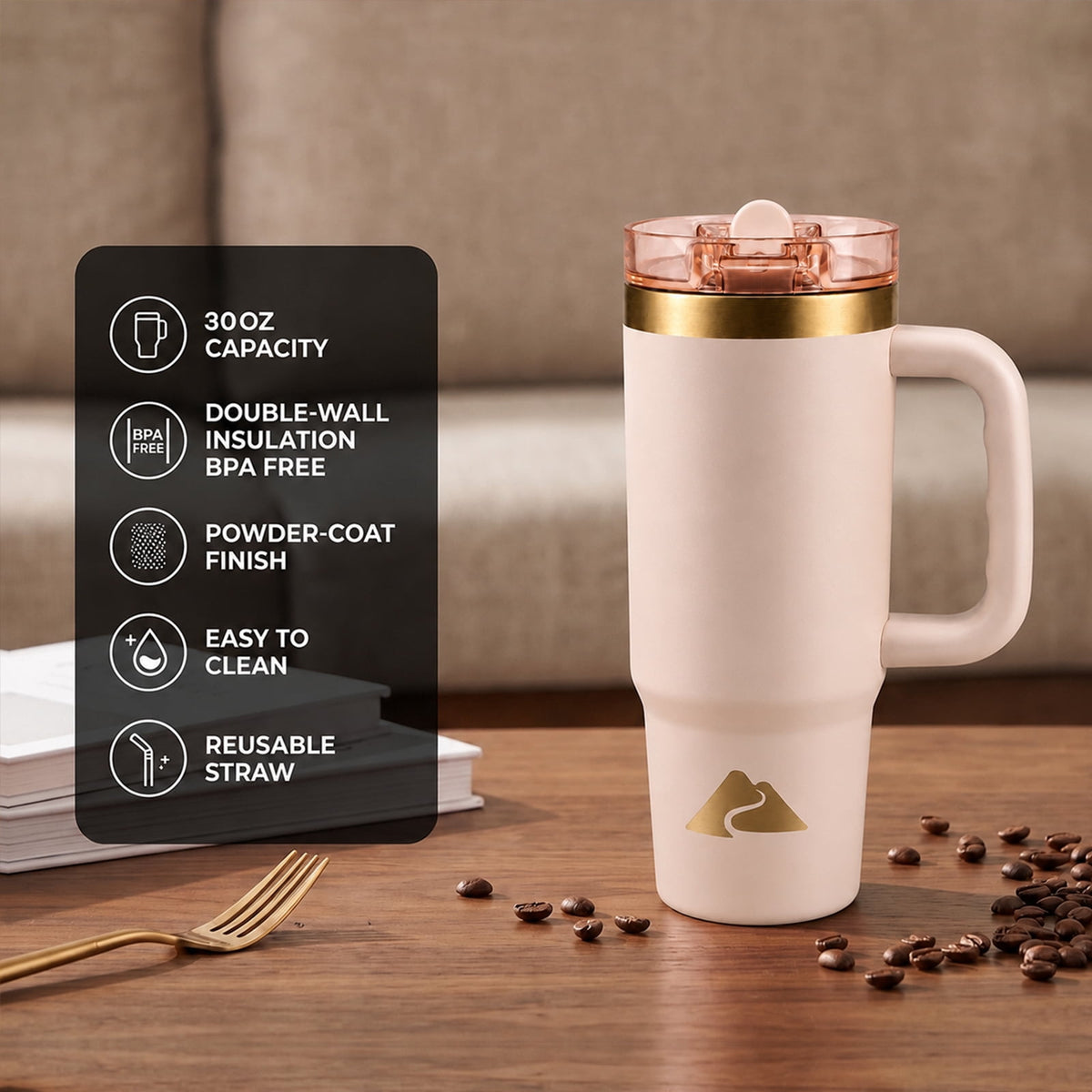 Ozark Trail 30 oz Stainless Steel Insulated Travel Tumbler with Handle and Flip Straw Lid, Rose Shimmer